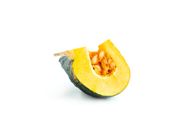 Fresh pumpkin with cut in half  isolated on white background, Green pumpkin