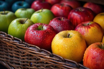 A display of different types of apples including red, green, and yellow varieties, arranged in a wicker basket. 