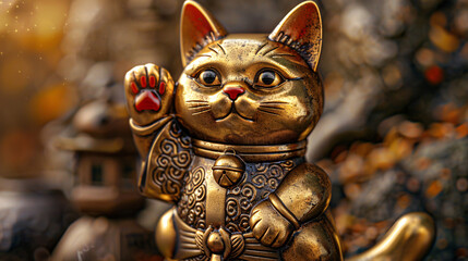 Fortune Beckons - Close-Up of Lucky Neko Statue with Intricate Details on Neutral Background for Advertising
