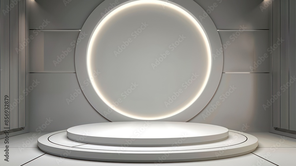 Poster a futuristic and minimalistic circular stage illuminated with soft lighting designed for showcases o