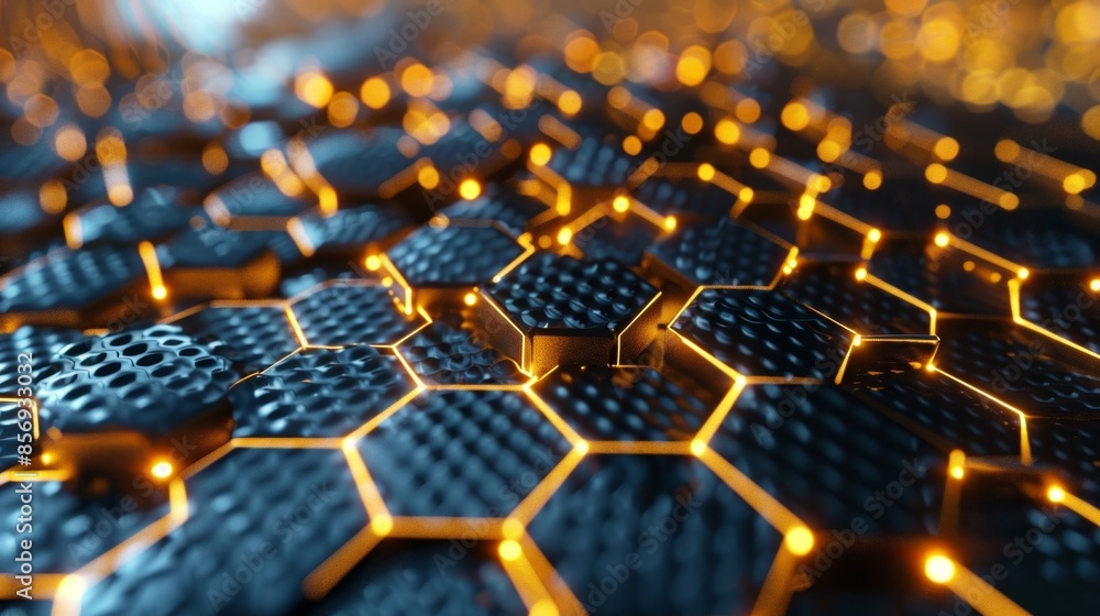 Poster a digital representation of a honeycomb with hexagons appearing to be in constant motion.