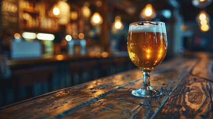 Traditional pub setting with beer glass on wooden bar counter bartender serving light ale close up shot with empty space