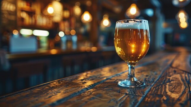 Traditional pub setting with beer glass on wooden bar counter bartender serving light ale close up shot with empty space