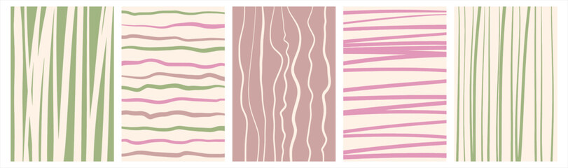 Hand drawn artistic stripes backgrounds set, collection. Uneven streaks, doodle bars, wavy lines, waves, parallel hatching patterns. Natural soft organic colors brush drawn striped rectangle templates