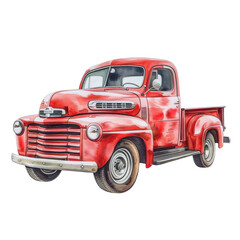 A digitally illustrated vintage red pickup truck isolated on a white background, showcasing classic automobile design.