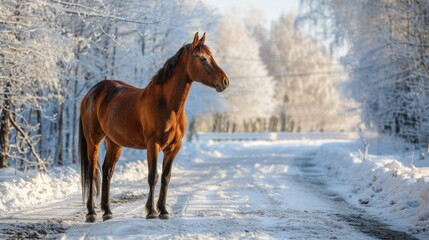 A brown horse stands on a snowy road