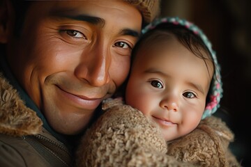 A Portrait of Fatherly Love with a Smiling Infant Enjoying the Comfort and Assurance of Her Father's Gentle