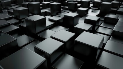 black cubes in a modern, abstract 3D render, showcasing sleek geometric forms and a glossy surface texture.