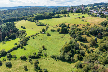 Aerial panorama of the low mountain landscape near Greifenstein in Hesse