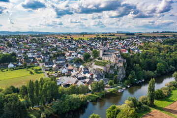 Fototapeta premium Aerial view of the St. Lubentius Basilica in Dietkirchen an der Lahn