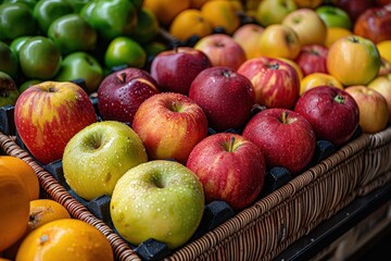 A display of different types of apples including red, green, and yellow varieties, arranged in a wicker basket. 