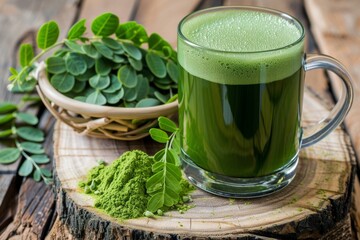 Fresh moringa tea with green leaves on wooden background