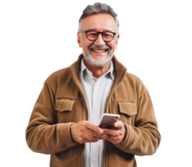 Attractive mature man chatting or typing text message using cell phone isolated over transparent background
