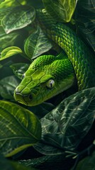 Fototapeta premium Green snake camouflaged in dense foliage, close-up view. Wildlife and nature concept