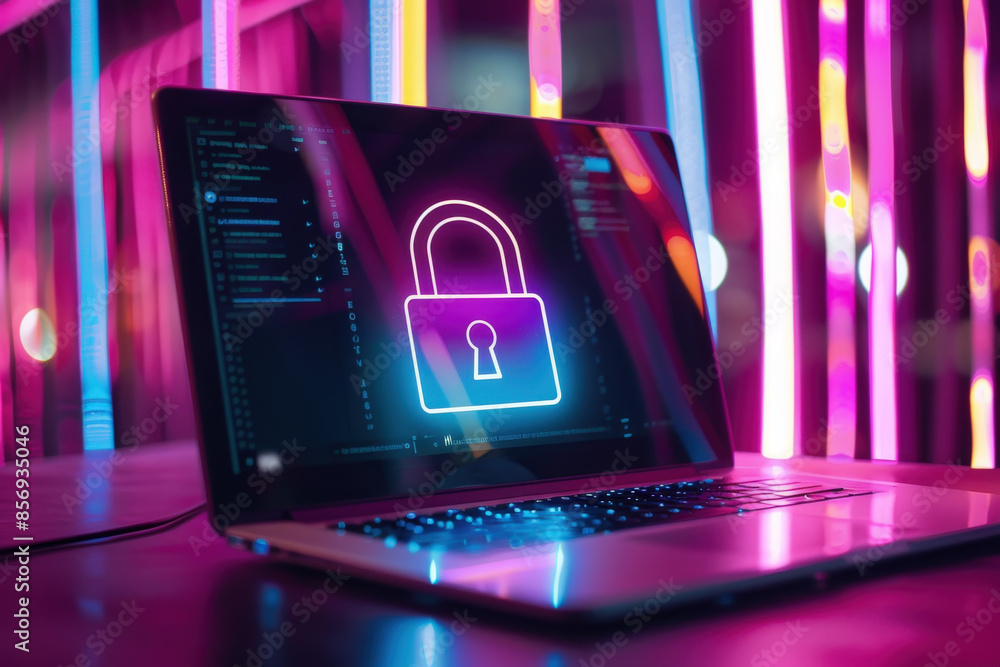 Poster open laptop showing a padlock icon on the screen in a neon environment, representing cybersecurity