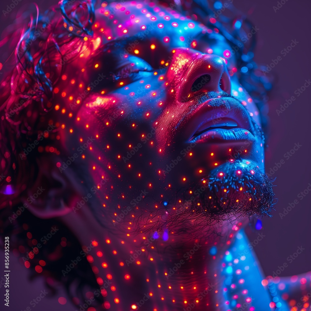 Poster mans face illuminated with red and blue dots in a studio setting