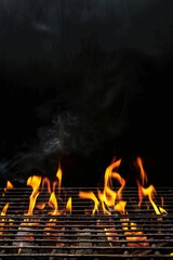 Empty flaming grill grates with open fire, ready for product placement. Background for grilled food with fire