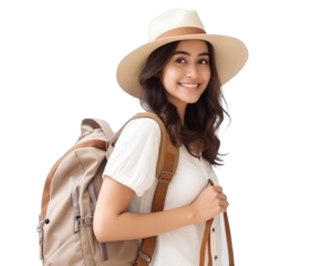 young attractive Asian woman traveler in casual clothes wearing straw hat with backpack isolated on transparent background, Tourist girl having cheerful holiday trip concept