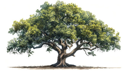 A detailed illustration of a wide-spreading oak tree with lush green foliage and a sturdy trunk, showcasing nature's beauty.