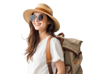 young attractive Asian woman traveler in casual clothes wearing straw hat with backpack isolated on transparent background, Tourist girl having cheerful holiday trip concept