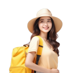 young attractive Asian woman traveler in casual clothes wearing straw hat with backpack isolated on transparent background, Tourist girl having cheerful holiday trip concept