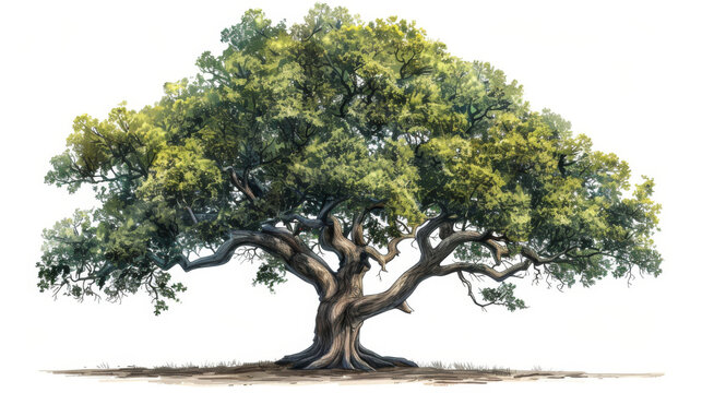 A detailed illustration of a wide-spreading oak tree with lush green foliage and a sturdy trunk, showcasing nature's beauty.
