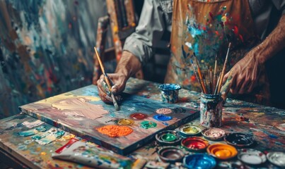 painter creating artwork with brushes and oil paints in softly lit studio