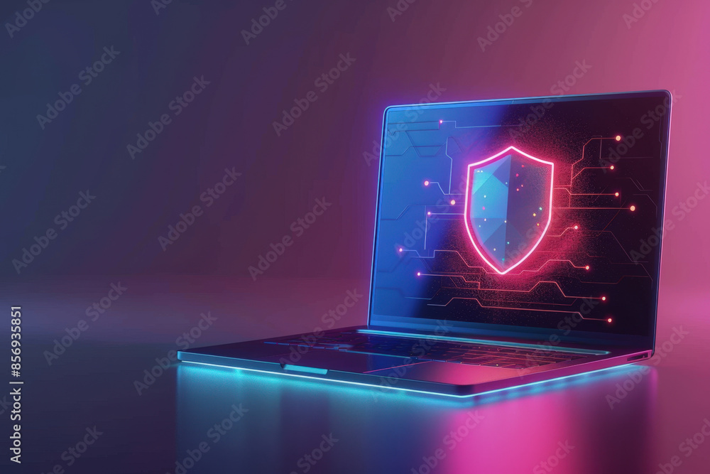 Poster laptop displaying a glowing shield icon, representing digital security and the safeguarding of perso