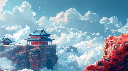 Obraz premium Colorful traditional Chinese ancient architecture illustration poster background
