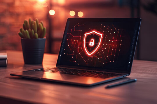 Open laptop displaying a bright red shield with padlock, symbolizing online security and data protection