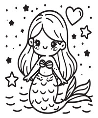 mermaid coloring book page, cute sea animal coloring page ai generative