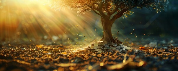 Naklejka premium Beautiful abstract photo of sunlight filtering through tree branches onto the forest floor, creating a magical atmosphere.