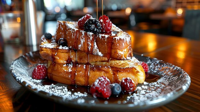 Gourmet french toast with berries and syrup on a plate