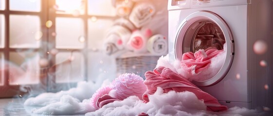 Cozy scene of a laundry room with a washing machine spilling soft, fluffy pink towels and clothes, sunlit by gentle window light.