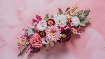 made of various flowers and leaves against pastel pink background flat lay close up