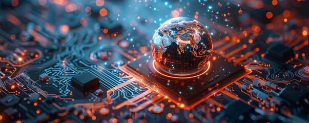 Futuristic concept of artificial intelligence with glowing globe on a microchip, representing advanced technology and digital innovation.