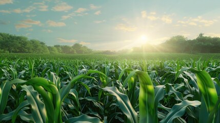 Sunrise over a lush cornfield with green leaves and a bright sky, capturing the essence of agriculture and natural beauty.