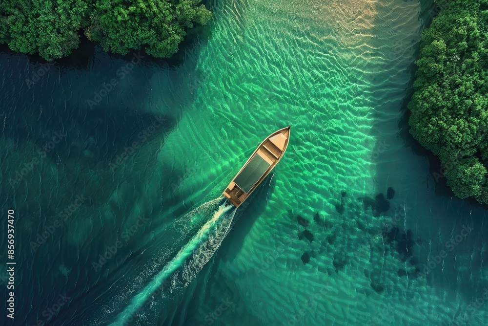 Poster aerial view of a boat sailing in clear tropical waters surrounded by lush greenery, creating beautif