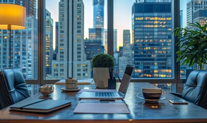 stylish meeting space snapshot focusing on a neatly arranged table with coffee, a laptop, insightful business papers, and welcoming chairs, complemented by the urban grandeur of skyscraper