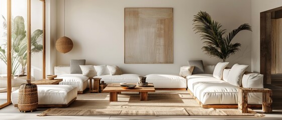 Modern living room with minimalist decor, light furnishings, large plants, and natural light creating a serene and cozy atmosphere.