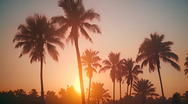 Palm trees swaying gently, early morning mist, first light casting a golden glow