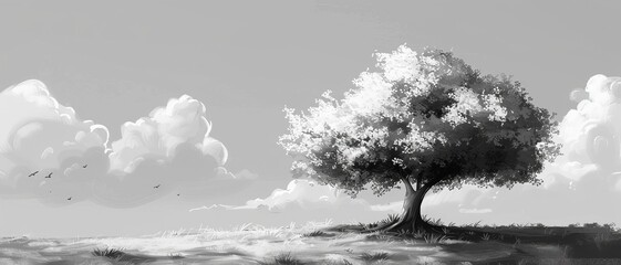 Serene black and white landscape with a solitary tree standing on a hill. Perfect for seasonal and holiday themes.