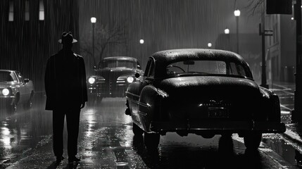 A silhouette of a man in a rain-soaked street at night, standing beside a classic car with streetlights illuminating the scene, capturing a vintage, noir ambiance.