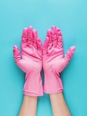 Heart shaped hands in pink rubber gloves over blue background. House cleaning service and housekeeping concept 