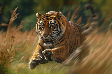 Fototapeta premium A powerful tiger, possibly a Bengal tiger, leaps through tall green swaying grass, its muscles rippling. Wildlife Animals.