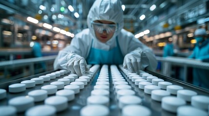 A worker conducts meticulous quality control on a vast array of white pills moving along a conveyor belt at a modern pharmaceutical manufacturing plant.