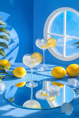 A blue and white background with a window, round mirror and a cocktail with ice cubes and lemons.