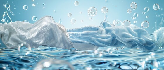 Wet fabric floating in clear water with air bubbles, creating a fresh and clean scene, perfect for advertising laundry or water-related products.
