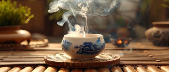 A steaming cup of herbal tea in an ornate blue and white porcelain cup, sitting on a bamboo tray in a serene, natural setting