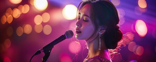 A female singer performs passionately on stage with vibrant bokeh lights in the background, creating a captivating and artistic atmosphere.